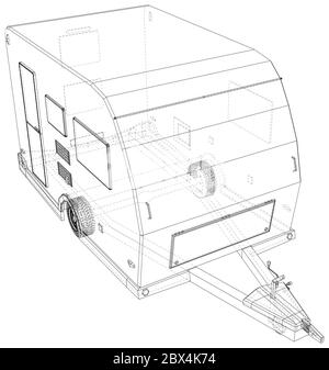 Camper Trailer Isolated. 3D rendering. Wire-frame. The layers of visible and invisible lines are separated. EPS10 format. Stock Vector