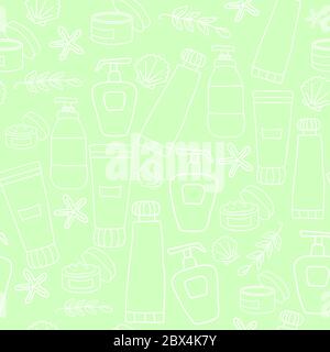 Seamless pattern of beauty and cosmetics icons. Creams and bottles, seashells. Vector outline illustration on a green gentle background. Stock Vector