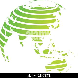 Earth globe with green striped World land map focused on Asia. 3D vector illustration. Stock Vector