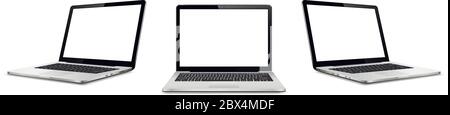 Set of vector laptops with blank screen isolated on white background. Perspective and front view with blank screen. Stock Vector