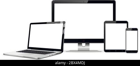 Set of blank screens with computer monitor, laptop, tablet, and smartphone. Vector. illustration. Stock Vector