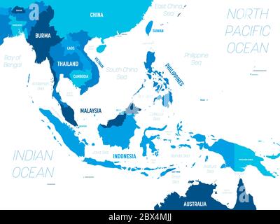 Southeast Asia map - green hue colored on dark background. High detailed political map of southeastern region with country, capital, ocean and sea names labeling. Stock Vector