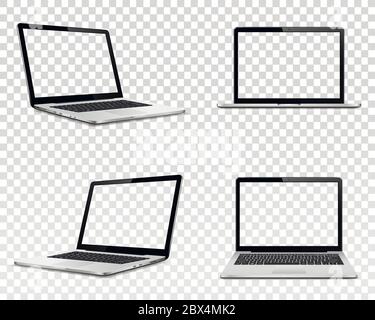 Set of laptop with transparent screen. Perspective, top and front view. Isolated on transparent background. Vector illustration EPS10. Stock Vector