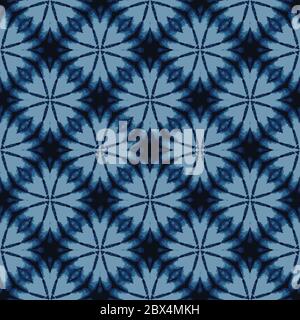 Shibori Tie Dye Indigo Blue Texture Background. Bleached Handmade Resist Seamless Pattern. Organic Cloth Effect Textile. Classic Japanese or Stock Vector