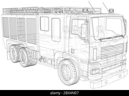 Fire Engine vector. Fire truck Wire-frame line isolated. Vector rendering of 3d. Stock Vector