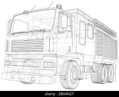 Vector Wire-frame isolated Fire truck on background. Vector rendering of 3d. Stock Vector