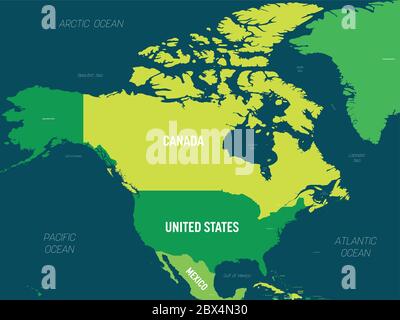 North America map - green hue colored on dark background. High detailed political map North American continent with country, capital, ocean and sea names labeling. Stock Vector