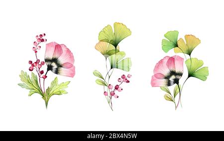 Watercolor tulips floral set. Collection of thee bouquets. Abstract flowers, gingko leaves. berries isolated on white. Hand drawn botanical Stock Photo