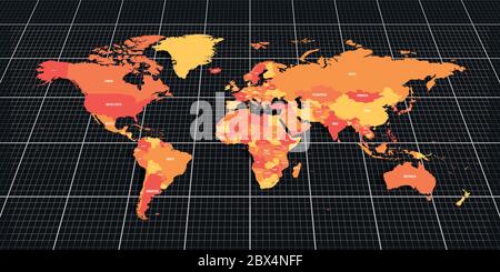 Colorful geopolitical map of World. Bottom perspective view with background grid. Vector illustration. Stock Vector