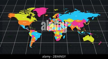 Colorful geopolitical map of World. Bottom perspective view with background grid. Vector illustration. Stock Vector