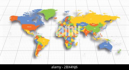 Colorful geopolitical map of World. Bottom perspective view with background grid. Vector illustration. Stock Vector