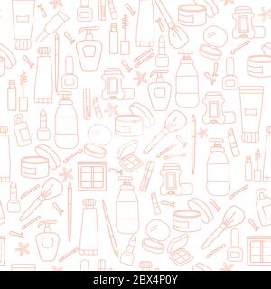 Seamless pattern of beauty and cosmetics icons of pink color. Creams and bottles, tonics. Vector outline illustration. Women's set, packaging, design Stock Vector