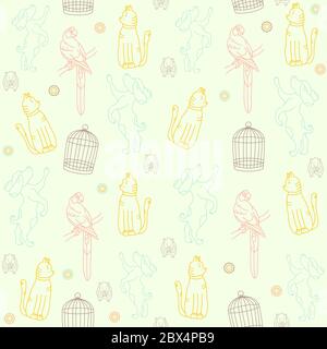 Animal seamless pattern. Pets Hamster and parrot, dog, cat and cage. Outline drawing. Can be used for baby and fashion design, t-shirt, packaging, dec Stock Vector