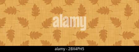 Gold French Linen Texture Border Background printed with Brown Falling Leaves. Natural Dye Ecru Flax Fibre Seamless Ribbon Edge Trim Pattern. Organic Stock Vector