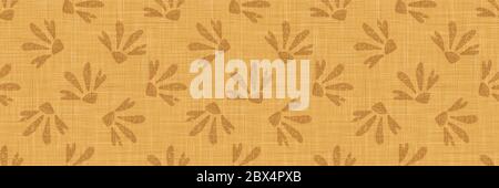 Gold French Linen Texture Border Background printed with Brown Daisy Sunflowers. Natural Dye Ecru Flax Fibre Seamless Ribbon Pattern. Close Up Weave Stock Vector