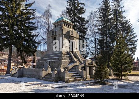 KOPRIVSHTITSA, BULGARIA - JANUARY 25, 2020: Mausoleum-ossuary of Apriltsi in historical town of Koprivshtitsa, Sofia Region, Bulgaria Stock Photo