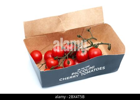 Box of opened Piccolini cherry tomatoes Stock Photo
