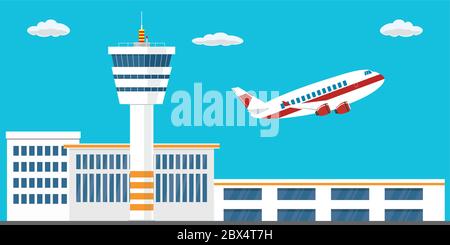 Airport buildings, control tower, runway and take-off modern aircraft,flat vector illustration Stock Vector