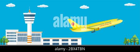 Airport buildings, control tower, runway and take-off modern aircraft,flat vector illustration Stock Vector