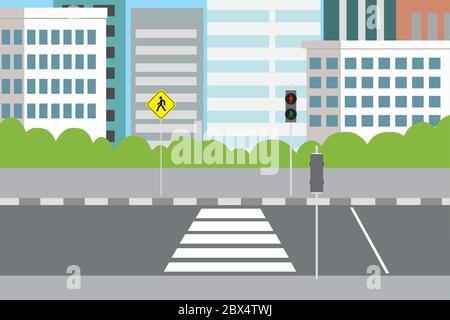 empty city street with pedestrian crossing and traffic lights,flat vector illustration Stock Vector