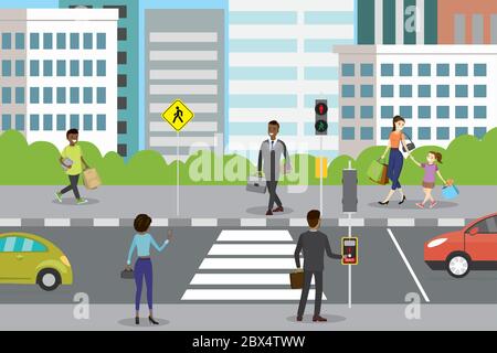 city street with pedestrian crossing and traffic lights,different people walk and stand,cars on road,flat vector illustration Stock Vector