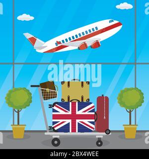 Airport trolley with traveler luggage- suitcases and bag,on the background of an airplane taking off at the airport,travel and tourism concept,airport Stock Vector