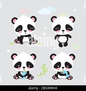 Four cute pandas in various poses,funny cartoon vector illustration Stock Vector