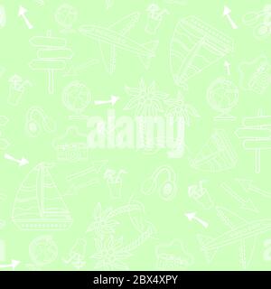 Seamless pattern. Green background with marine and tourist themes. Vector seamless white line. Ships and planes, an island with palm trees, a cocktail Stock Vector