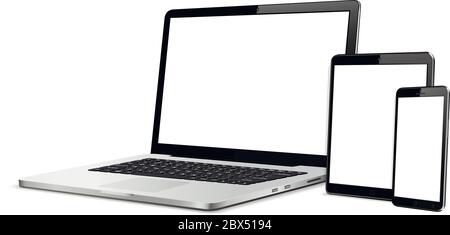 Laptop, tablet, mobile phone mock up. Vector illustration for responsive web design. Stock Vector