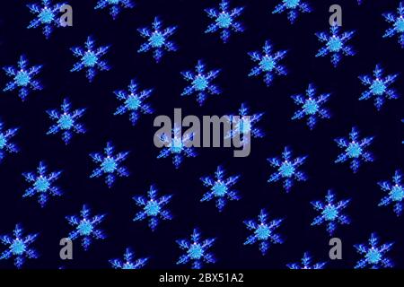 Pattern with interlaced snowflakes with digital glitch and distortion effect on dark blue background. Futuristic cyberpunk design. Retro futurism, web Stock Photo
