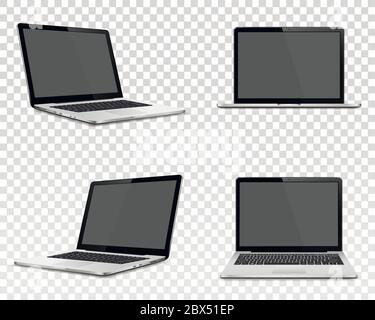 Laptop set isolated. Perspective, top and front view with blank screen. Vector illustration. Stock Vector