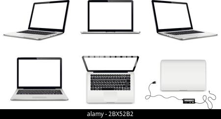 Set of laptops in different positions. Laptop with blank screen isolated on white background. Vector illustration. Stock Vector