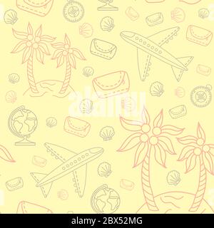 Seamless pattern. Travel, island with palm trees and an airplane, shells and a compass. Packaging, design and printing. Vector seamless pattern Stock Vector