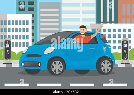 Happy cartoon caucasian male rides in blue electric car and electric charging stations,city view on background,flat vector illustration Stock Vector