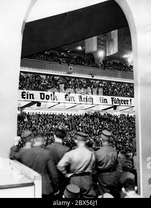 The banner 'Ein Volk, ein Reich, ein Fuehrer!' (One People, One Empire, One Leader!) in the Sports Palace in Berlin. Stock Photo