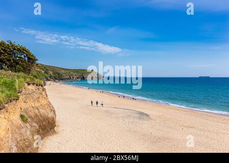 Hendra Beach, Praa Sands, Cornwall - seen from the coastal footpath looking east towards Rinsey Head Stock Photo