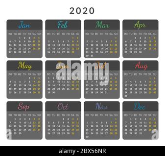 2020 year calendar cards isolated on dark background vector illustration with colored months and days. Vector design planner for 12 months. Print use Stock Vector