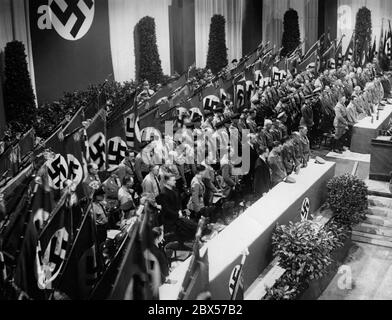 Overview during the ceremonial swearing-in of the Berlin officials of the NSDAP by Gauleiter Joseph Gobbels on Hitler's birthday in the Berlin Sportpalast. Stock Photo