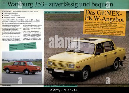 A Wartburg 353 in the catalog of Genex Geschenkdienst GmbH from 1988: Through two representations in Switzerland and Denmark, the so-called non-resident persons could order and send consumer goods, cars, trips, prefabricated houses and services with D-Mark (West) for citizens of the GDR at Genex Geschenkdienst GmbH run by the Ministry of Foreign Trade of the GDR in East Berlin. Stock Photo