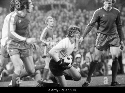 Sepp Maier and Schwarzenbeck, Bochum against Bayern Muenchen, Bundesliga, season 1973/1974, VfL Bochum against Bayern Munich 0: 1, Ruhrstadion an der Castroper Strasse. Stock Photo