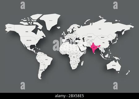 India pink highlighted in map of World. Light grey simplified map with dropped shadow on dark grey background. Vector illustration. Stock Vector