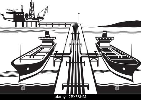 Tankers loading petrol from offshore oil rig - vector illustration Stock Vector