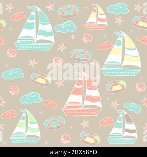 Seamless pattern. Marine theme with ships and clouds on a colored background. Packaging, design, design and printing. Vector seamless pattern. For Stock Vector