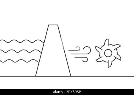 Hydroelectric power station scheme. Hydro power plant thin line icon. Hydro turbine symbol. Water flowing over industrial dam. Black outline on white Stock Vector