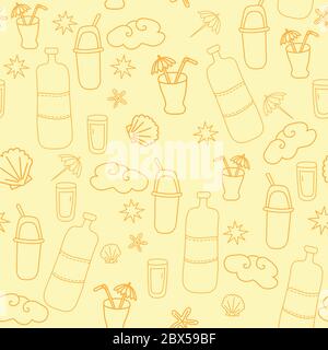 Seamless pattern. Yellow light background with shells, cocktails and a bottle, drinks and clouds. Packaging, design and printing. Vector seamless line Stock Vector