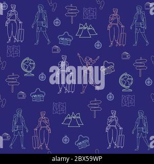 Seamless pattern. girl and guy tourists. Mountains, maps, camera, globe on a blue background. Packaging, design and printing. Vector illustration of Stock Vector