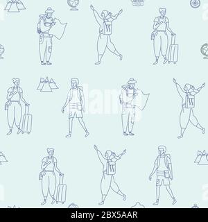 Seamless pattern. Girl and guy are tourists. Mountains, maps, a suitcase on a blue background. Cute packaging, design and print. Vector line Stock Vector