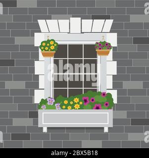 Old brick wall facade,window and flowers in pots,cartoon vector illustration Stock Vector