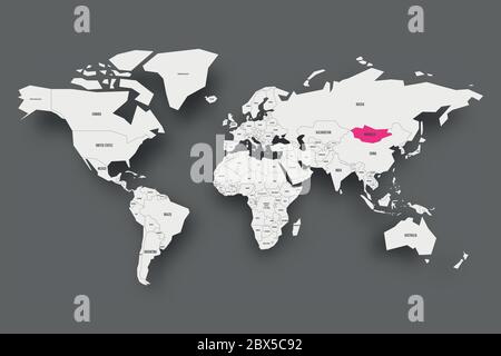 Mongolia pink highlighted in map of World. Light grey simplified map with dropped shadow on dark grey background. Vector illustration. Stock Vector