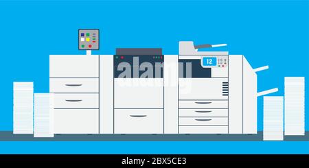 office professional multi function printer and scanner,copy machine or photocopier with paper stacks,flat vector illustration Stock Vector